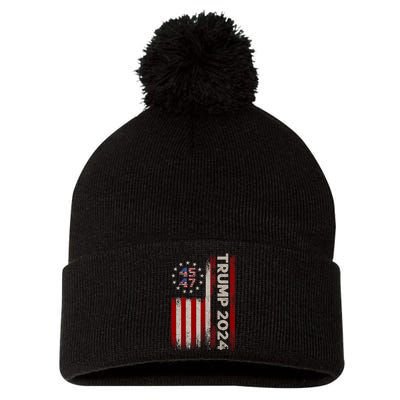 45 47 Trump 2024 American Flag Front And Back Pom Pom 12in Knit Beanie