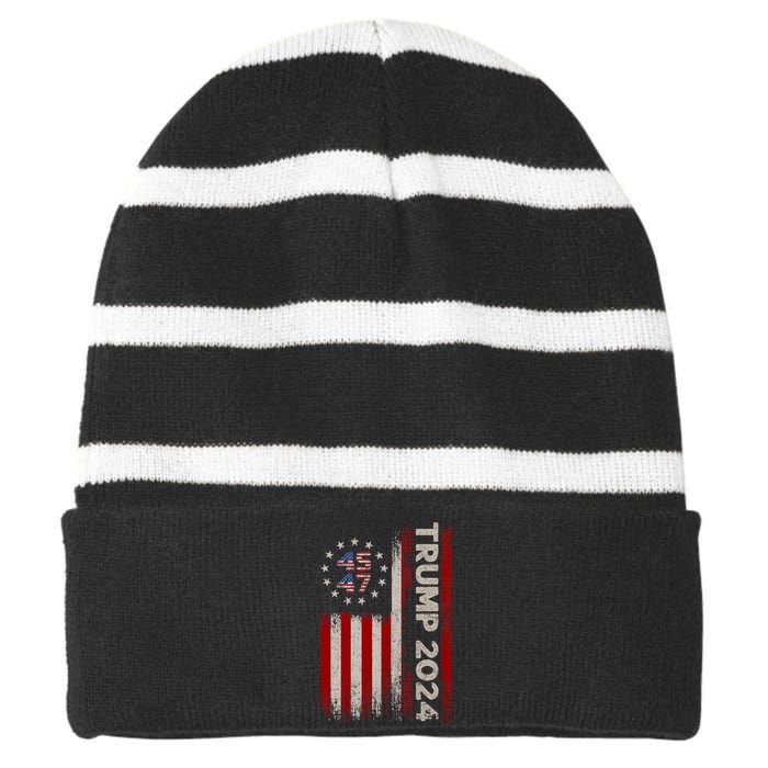 45 47 Trump 2024 American Flag Front And Back Striped Beanie with Solid Band