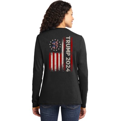 45 47 Trump 2024 American Flag Front And Back Ladies Long Sleeve Shirt