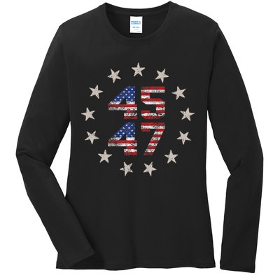 45 47 Trump 2024 American Flag Front And Back Ladies Long Sleeve Shirt