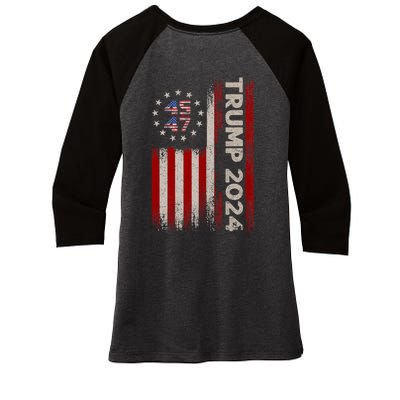 45 47 Trump 2024 American Flag Front And Back Women's Tri-Blend 3/4-Sleeve Raglan Shirt