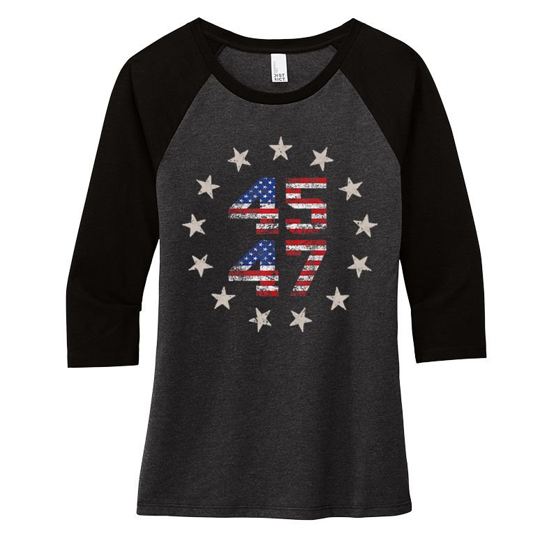 45 47 Trump 2024 American Flag Front And Back Women's Tri-Blend 3/4-Sleeve Raglan Shirt