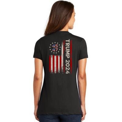 45 47 Trump 2024 American Flag Front And Back Women's V-Neck T-Shirt