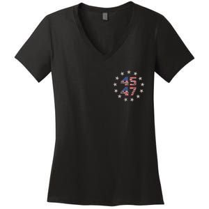 45 47 Trump 2024 American Flag Front And Back Women's V-Neck T-Shirt