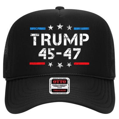 45 47 Trump 2024 American Flag High Crown Mesh Back Trucker Hat