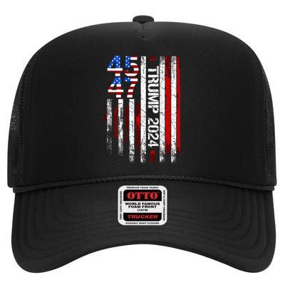 45 47 Trump 2024 American Flag High Crown Mesh Back Trucker Hat