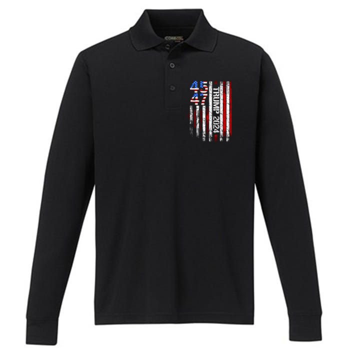 45 47 Trump 2024 American Flag Performance Long Sleeve Polo