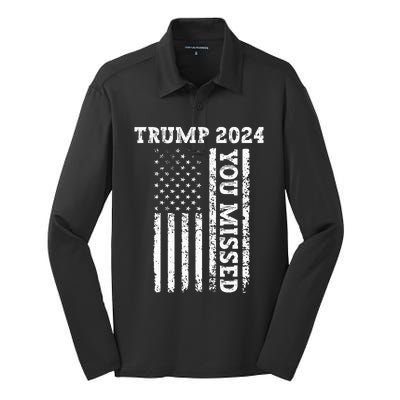 45 47 Trump 2024 American Flag Trump 2024 You Missed Silk Touch Performance Long Sleeve Polo