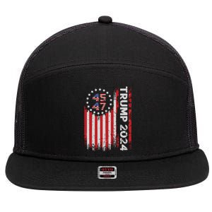 45 47 Trump 2024 American Flag 7 Panel Mesh Trucker Snapback Hat