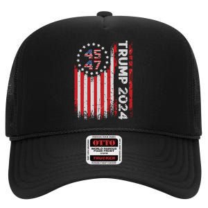 45 47 Trump 2024 American Flag High Crown Mesh Back Trucker Hat