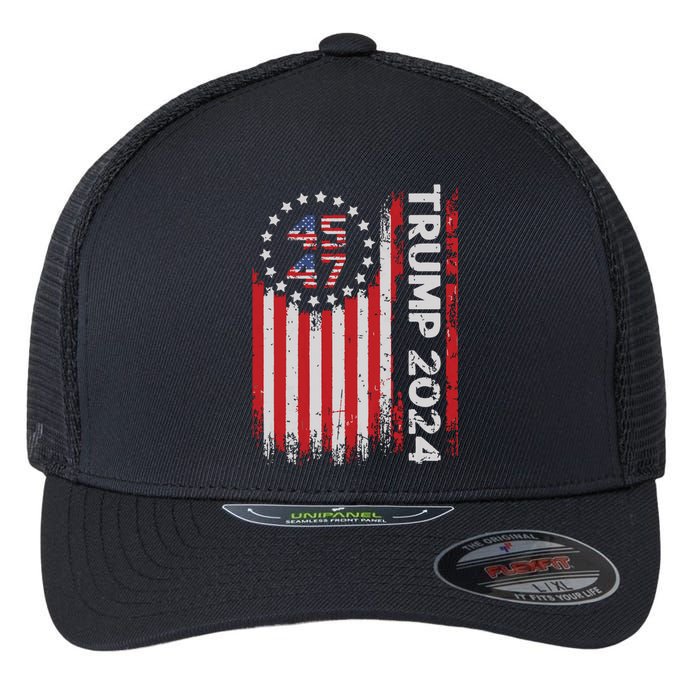 45 47 Trump 2024 American Flag Flexfit Unipanel Trucker Cap