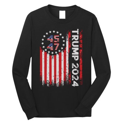 45 47 Trump 2024 American Flag Long Sleeve Shirt