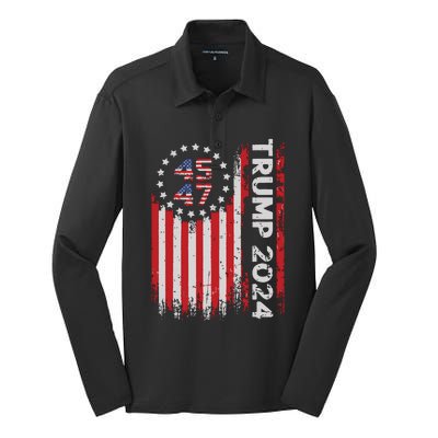 45 47 Trump 2024 American Flag Silk Touch Performance Long Sleeve Polo