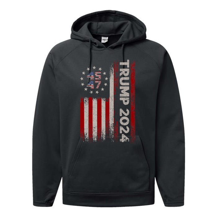 45 47 Trump 2024 American Flag Performance Fleece Hoodie