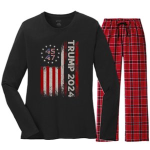 45 47 Trump 2024 American Flag Women's Long Sleeve Flannel Pajama Set 