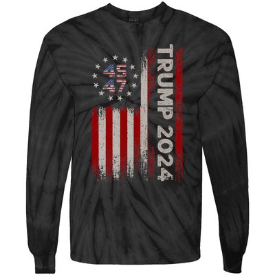 45 47 Trump 2024 American Flag Tie-Dye Long Sleeve Shirt