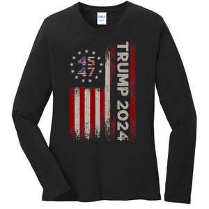 45 47 Trump 2024 American Flag Ladies Long Sleeve Shirt