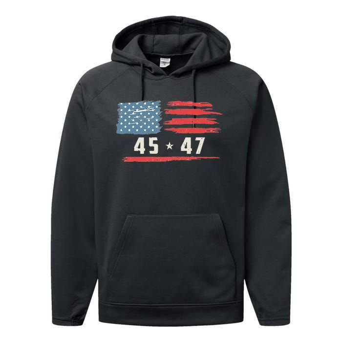 45 47 Trump President Vintage American Flag 2024 Pocket Performance Fleece Hoodie