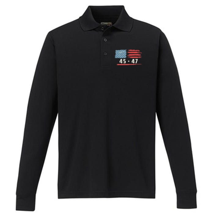 45 47 Trump President Vintage American Flag 2024 Pocket Performance Long Sleeve Polo