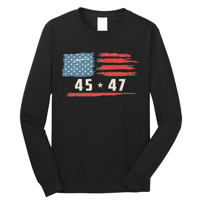 45 47 Trump President Vintage American Flag 2024 Pocket Long Sleeve Shirt