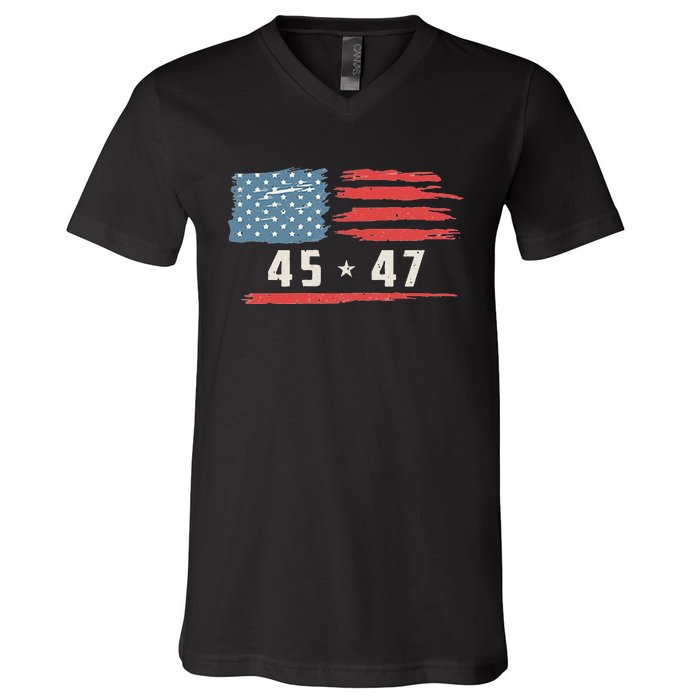 45 47 Trump President Vintage American Flag 2024 Pocket V-Neck T-Shirt