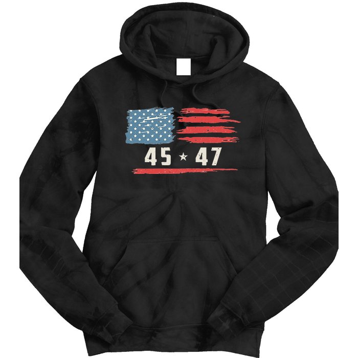 45 47 Trump President Vintage American Flag 2024 Pocket Tie Dye Hoodie