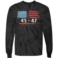 45 47 Trump President Vintage American Flag 2024 Pocket Tie-Dye Long Sleeve Shirt