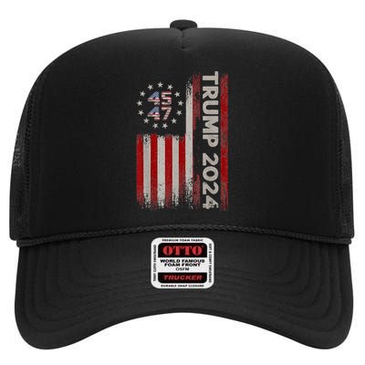 45 47 Trump 2024 American Flag High Crown Mesh Back Trucker Hat