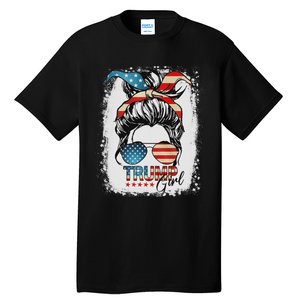 45 47 Trump Girl Messy Bun American Flag Trump 2024 Election Tall T-Shirt