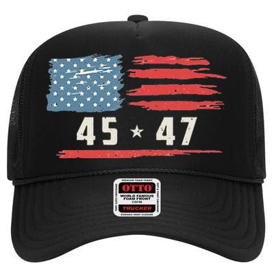 45 47 Trump President Vintage American Flag 2024 Pocket High Crown Mesh Back Trucker Hat