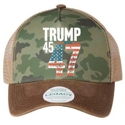 45 47 Trump 2024 American Flag Funny Legacy Tie Dye Trucker Hat