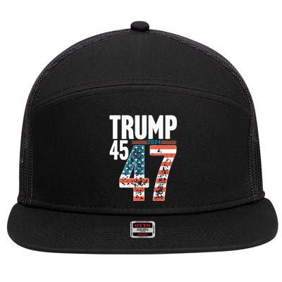 45 47 Trump 2024 American Flag Funny 7 Panel Mesh Trucker Snapback Hat