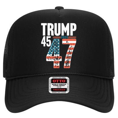 45 47 Trump 2024 American Flag Funny High Crown Mesh Back Trucker Hat