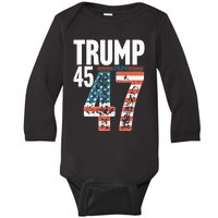 45 47 Trump 2024 American Flag Funny Baby Long Sleeve Bodysuit