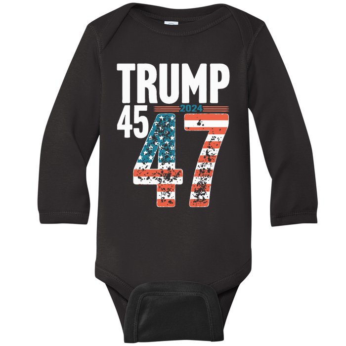 45 47 Trump 2024 American Flag Funny Baby Long Sleeve Bodysuit