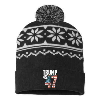 45 47 Trump 2024 American Flag Funny USA-Made Snowflake Beanie