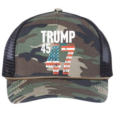 45 47 Trump 2024 American Flag Funny Retro Rope Trucker Hat Cap