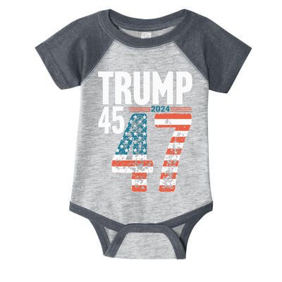 45 47 Trump 2024 American Flag Funny Infant Baby Jersey Bodysuit