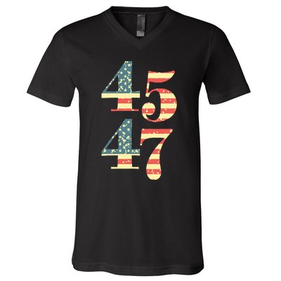 45 47 Trump 2024 Vintage Flag Support Trump 45 47 V-Neck T-Shirt