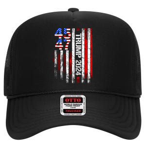 45 47 Trump 2024 American Flag Take America Back High Crown Mesh Back Trucker Hat