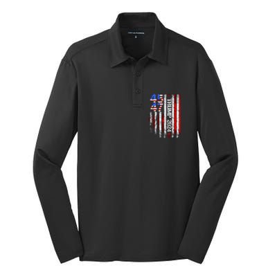 45 47 Trump 2024 American Flag Take America Back Silk Touch Performance Long Sleeve Polo