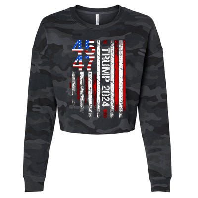 45 47 Trump 2024 American Flag Cropped Pullover Crew