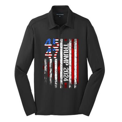 45 47 Trump 2024 American Flag Silk Touch Performance Long Sleeve Polo