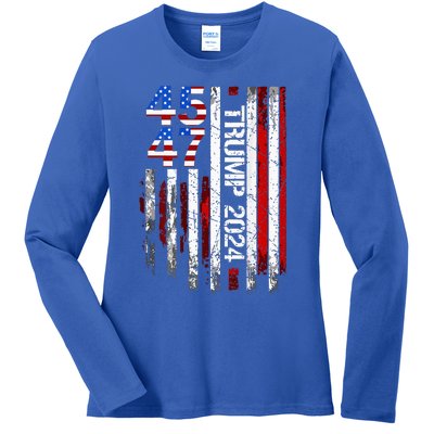 45 47 Trump 2024 American Flag Ladies Long Sleeve Shirt