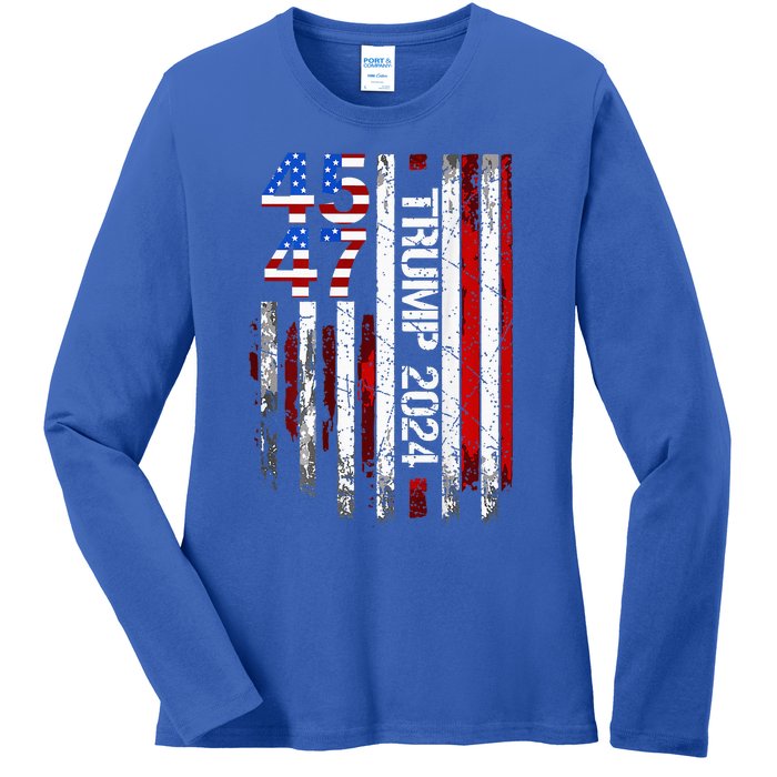 45 47 Trump 2024 American Flag Ladies Long Sleeve Shirt