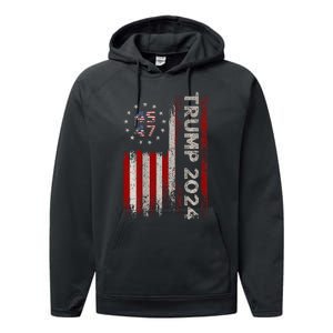 45 47 Trump 2024 American Flag (On Back) Performance Fleece Hoodie