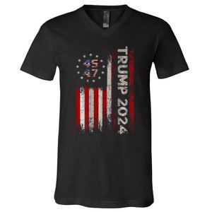 45 47 Trump 2024 American Flag (On Back) V-Neck T-Shirt