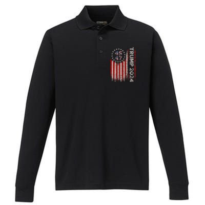 45 47 Trump 2024 American Flag Performance Long Sleeve Polo