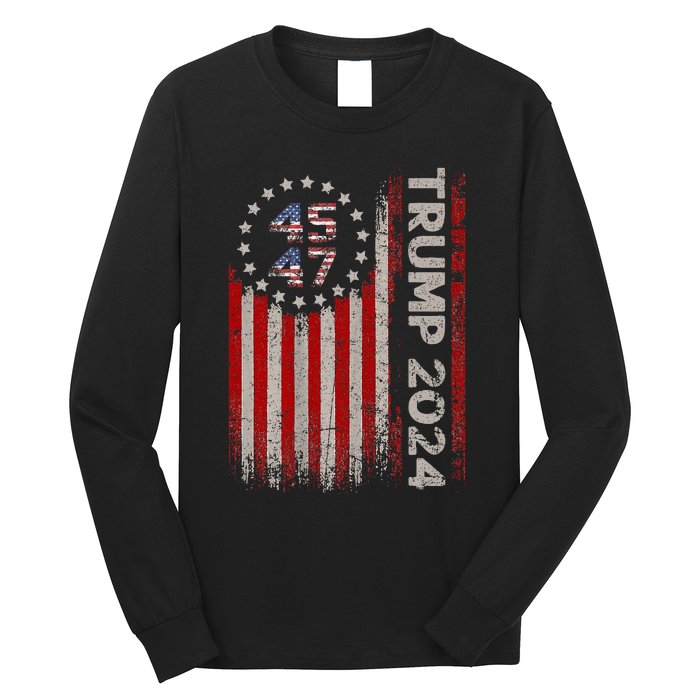 45 47 Trump 2024 American Flag Long Sleeve Shirt