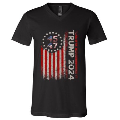 45 47 Trump 2024 American Flag V-Neck T-Shirt